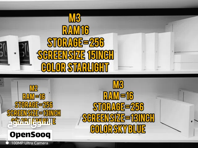MacBook air m3 & m2 storage 256 ram 16 screen size 15inch screen size 13ich