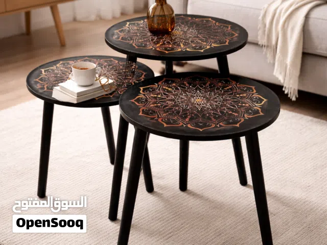 طقم طاولات جانبية دائرية بنقشة ماندالا فنية – 3 قطع