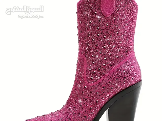 Women's Rhinestone Pattern Boots, Slip On Point Toe Chunky Heel Mid Calf Slim Outdoor Shoes, Glitter