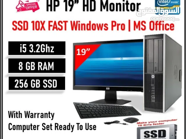 HP Core i5 3.2Ghz Computer Set 8GB RAM 256GB SSD HP 19"HD Monitor Win & Office Ready To Use