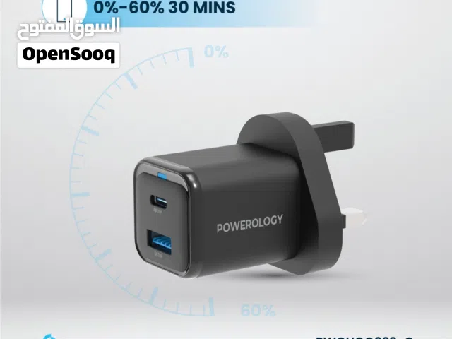 شاحن Powerology 35 واط PD QC 1xUSB-C 35 واط و 1xUSB-A 18 واط GaN المملكة المتحدة - مع Type C إلى C 6
