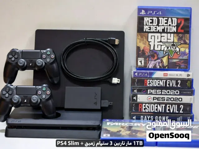 "بلايستيشن 4 سليم بحالة ممتازة - 3 أيدي + هارد خارجي 1 تيرا"+ قاعدة شحن
