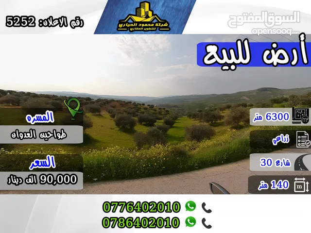 رقم الاعلان (5252) أرض زراعية مشجرة في منطقة المسرة طواحين العدوان اطلالة بانوراما على شارع 30