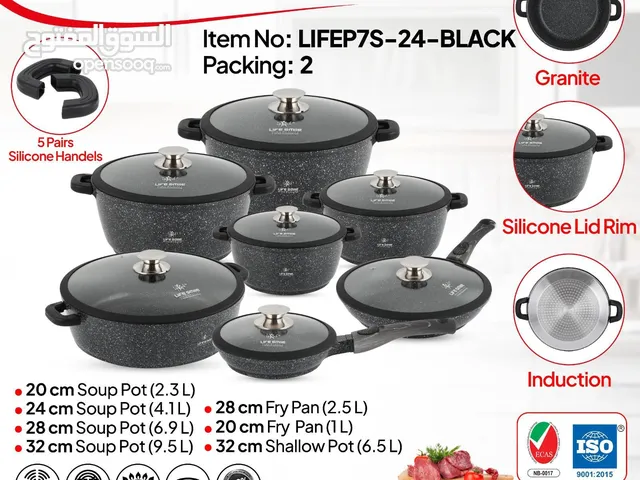 This image displays the "LIFE SMILE Cookware Set" with the item number LIFEP7S-24-BLACK, featuring a