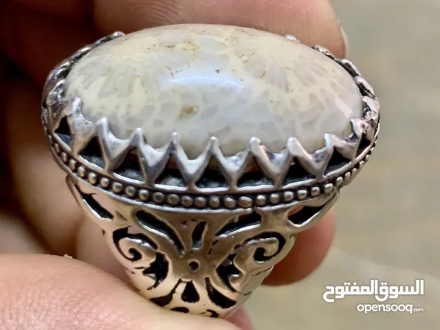 خاتم فضه مشغول يدوي حجر مرجان ‏ ‏طبيعي