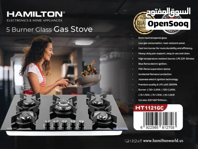 Hamilton 5 Burner Glass Top Gas Stove with Auto Ignition and FSD 2 Year warranty Delivery available