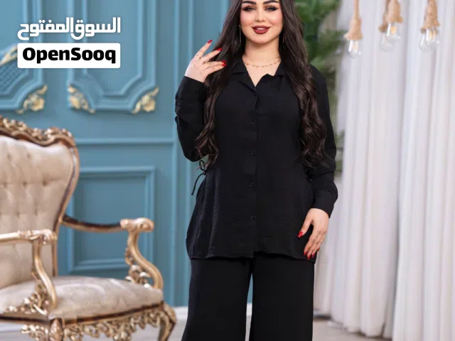 سوت نسائي   خامة لينن سواد فاحم جوانب الخصر حبل   L.XL.2XL.3XL. .