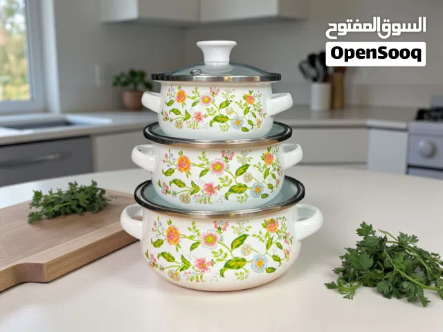 طقم قدور مينا ثلاثي بنقشة الورد اقرا الوصف