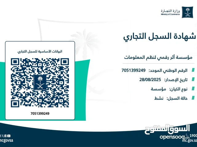 سجل تجاري جديد للتنازل + إسم مميز + اشتراك قوى