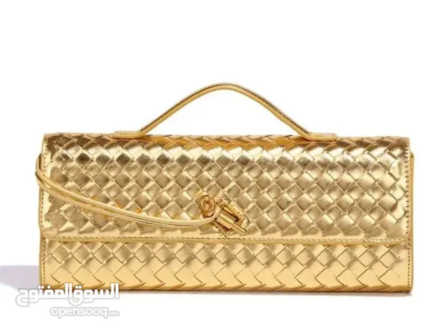 Gold Leather Woven Clutch Evening Bag with Shoulder Crossbody Strap Luxury Designer for Women