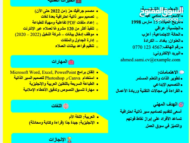 تصميم سيرة ذاتية احترافية جاهزة للتقديم بصيغة PDF او Word