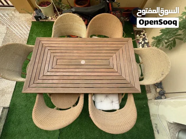 OUTDOOR TEAK-STYLE DINNING TABLE WITH 6 WICKER CHAIRS