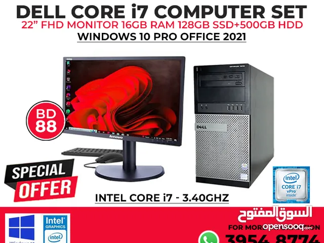 Dell Core i7 Computer Set - 3.40Ghz Speed 16GB Ram 500+128GB SSD 22" FHD Monitor Win 10 Office