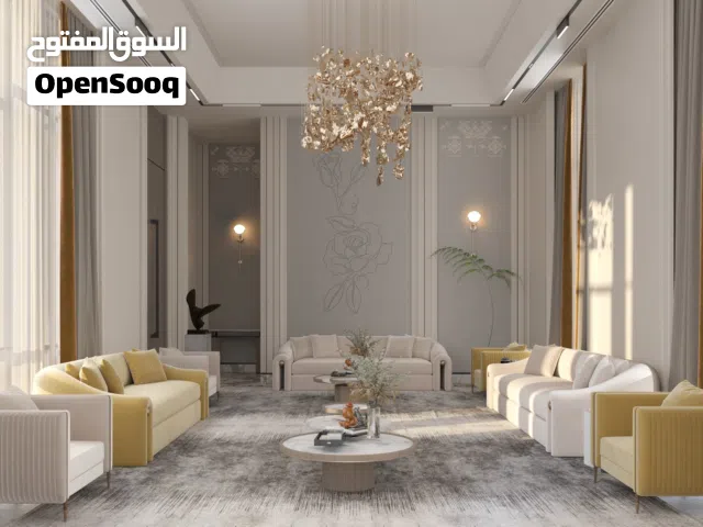 تصميم داخلي يشمل تفاصيل الارضيات والجدران والاسقف والاضاءة