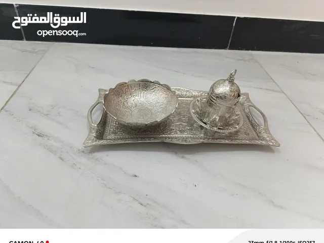 ~سيت عثماني تركي فنجان قهوة مطلي بلفضة واناء ماء فضة مع مع صينية فضة درجة اولا