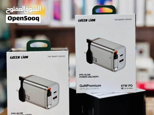 شاحن جدراي مدمج مع سلك 65واطGREEN LION PPS 49.5 W POWER DELIVERY  GANPREMIUM UK PLUG  2 PORTS 67W PD