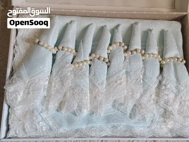 Set of 8 Light Blue Lace Napkins with Pearl Rings (New in Box)
